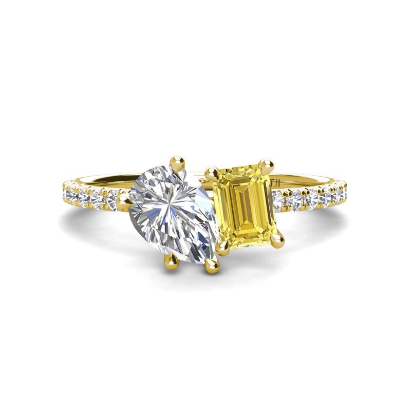 Zahara GIA Certified 9x6 mm Pear Diamond and 7x5 mm Emerald Cut Lab Created Yellow Sapphire 2 Stone Duo Ring 