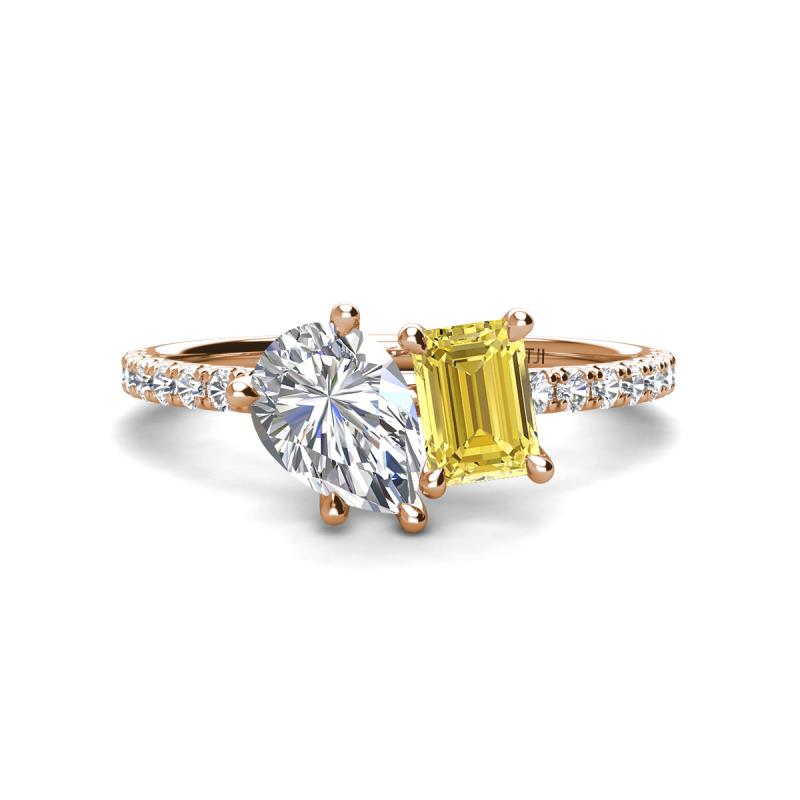 Zahara GIA Certified 9x6 mm Pear Diamond and 7x5 mm Emerald Cut Lab Created Yellow Sapphire 2 Stone Duo Ring 