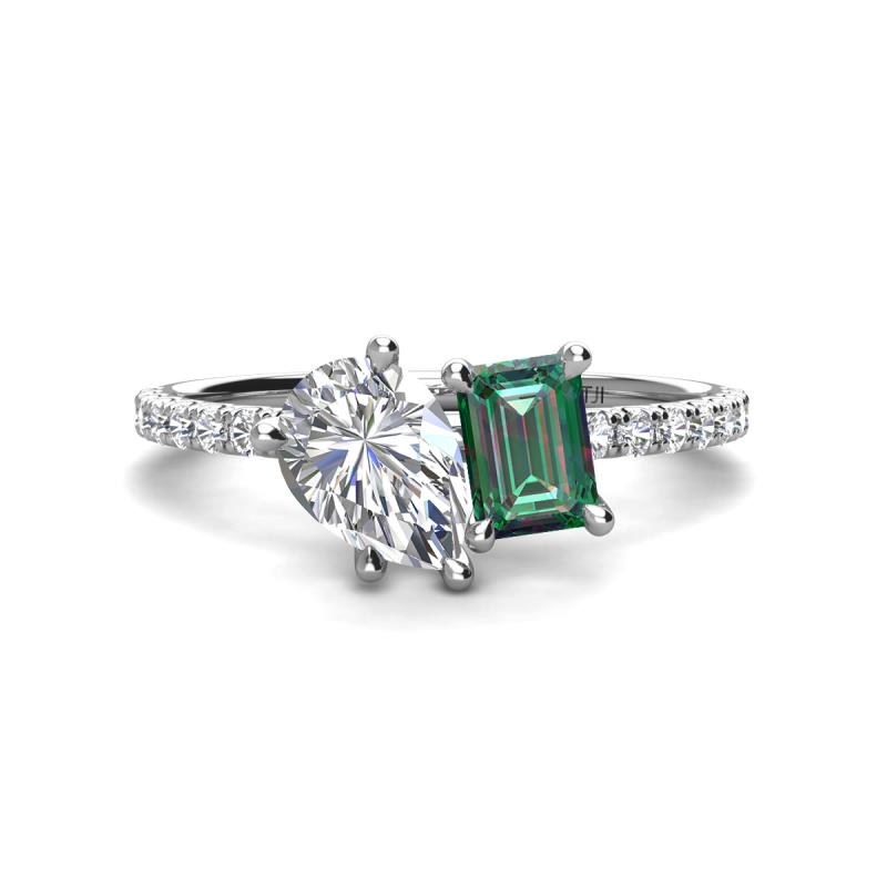 Zahara GIA Certified 9x6 mm Pear Diamond and 7x5 mm Emerald Cut Lab Created Alexandrite 2 Stone Duo Ring 