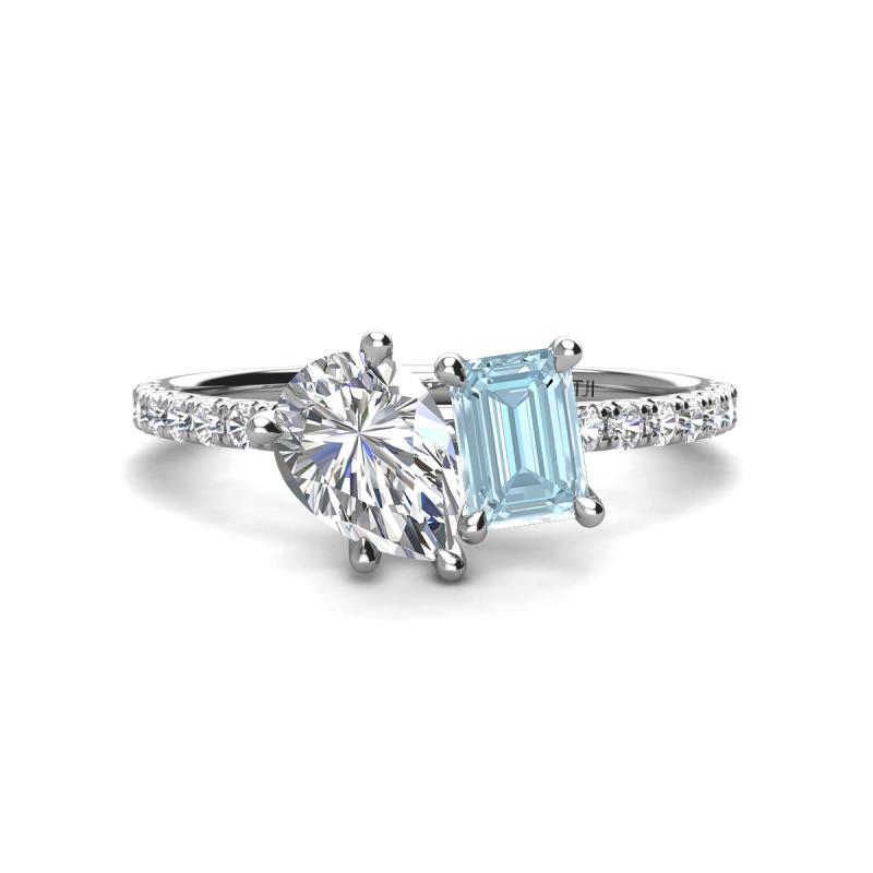 Zahara GIA Certified 9x6 mm Pear Diamond and 7x5 mm Emerald Cut Aquamarine 2 Stone Duo Ring 