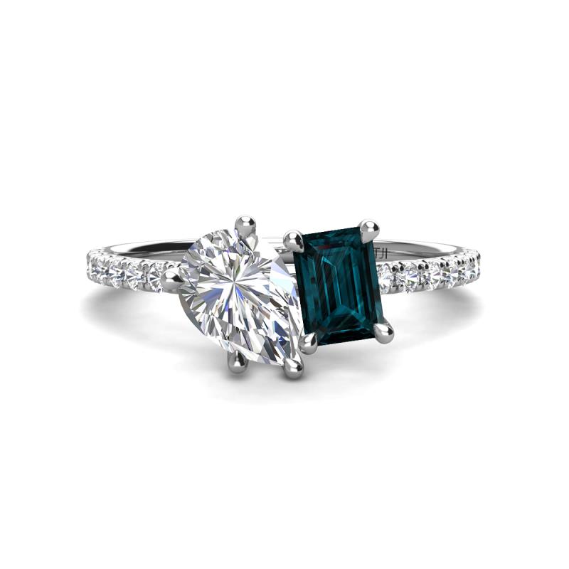 Zahara GIA Certified 9x6 mm Pear Diamond and 7x5 mm Emerald Cut London Blue Topaz 2 Stone Duo Ring 