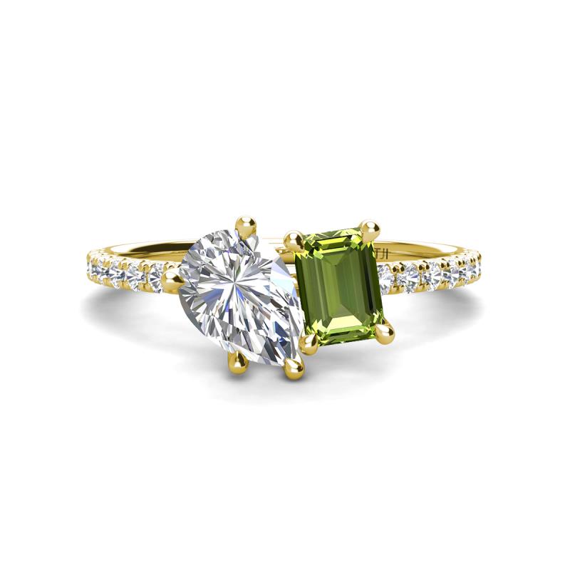 Zahara GIA Certified 9x6 mm Pear Diamond and 7x5 mm Emerald Cut Peridot 2 Stone Duo Ring 