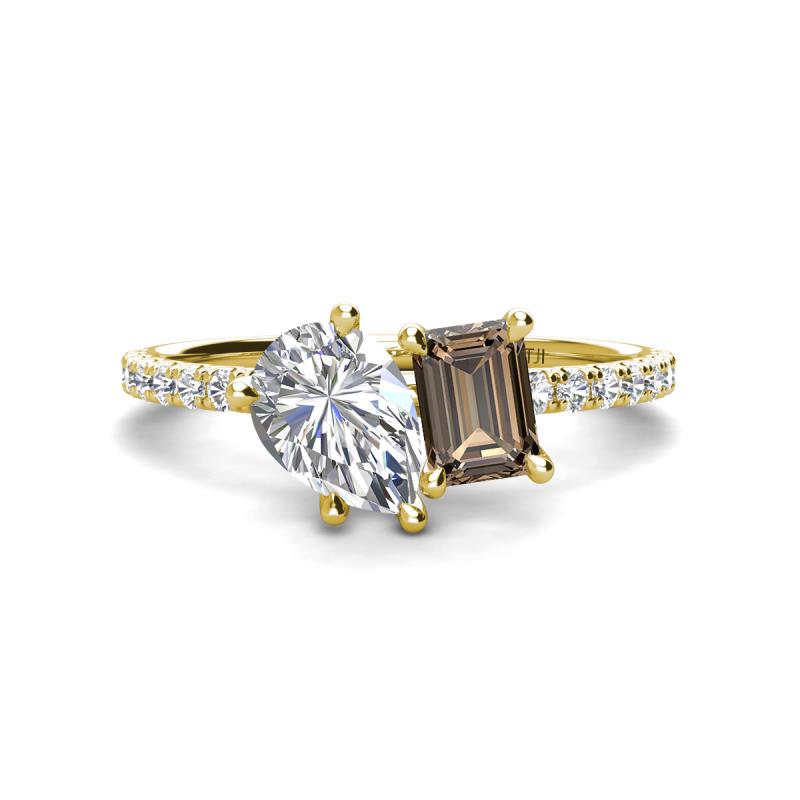 Zahara GIA Certified 9x6 mm Pear Diamond and 7x5 mm Emerald Cut Smoky Quartz 2 Stone Duo Ring 