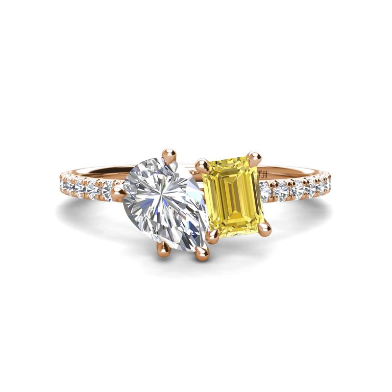 Zahara IGI Certified 9x6 mm Pear Lab Grown Diamond and 7x5 mm Emerald Cut Lab Created Yellow Sapphire 2 Stone Duo Ring 