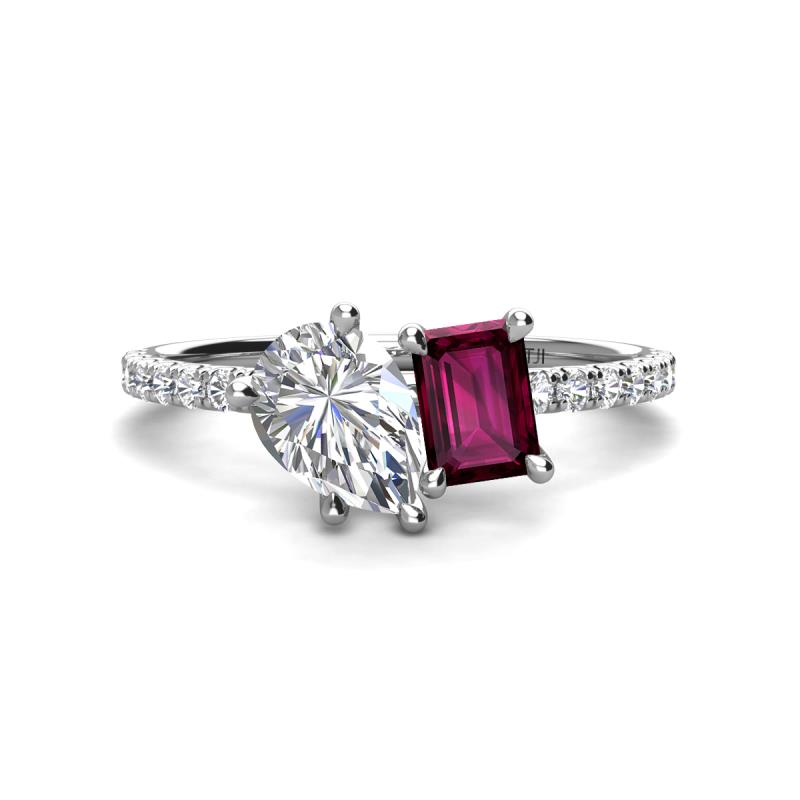 Zahara IGI Certified 9x6 mm Pear Lab Grown Diamond and 7x5 mm Emerald Cut Rhodolite Garnet 2 Stone Duo Ring 