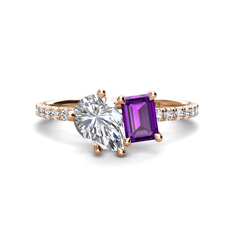 Zahara IGI Certified 9x6 mm Pear Lab Grown Diamond and 7x5 mm Emerald Cut Amethyst 2 Stone Duo Ring 