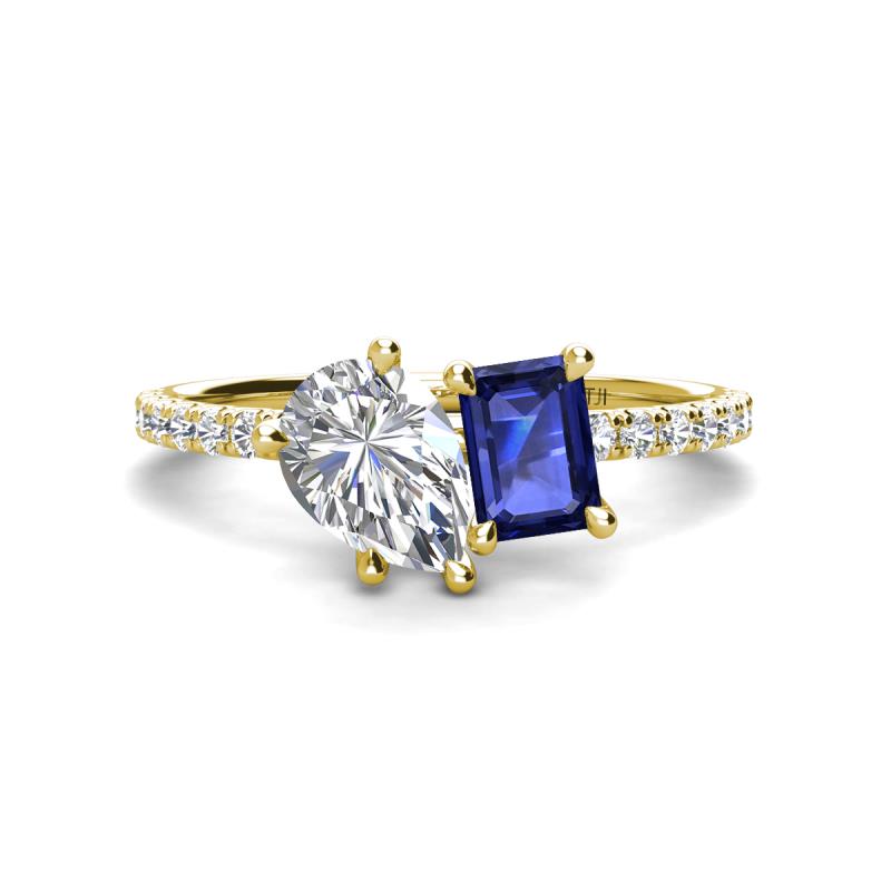 Zahara IGI Certified 9x6 mm Pear Lab Grown Diamond and 7x5 mm Emerald Cut Iolite 2 Stone Duo Ring 