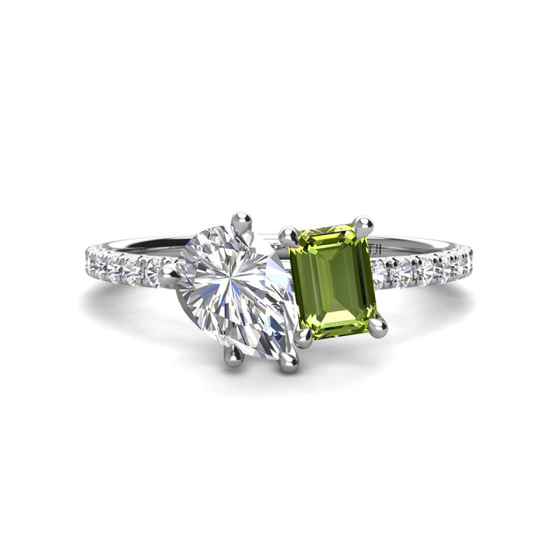 Zahara IGI Certified 9x6 mm Pear Lab Grown Diamond and 7x5 mm Emerald Cut Peridot 2 Stone Duo Ring 