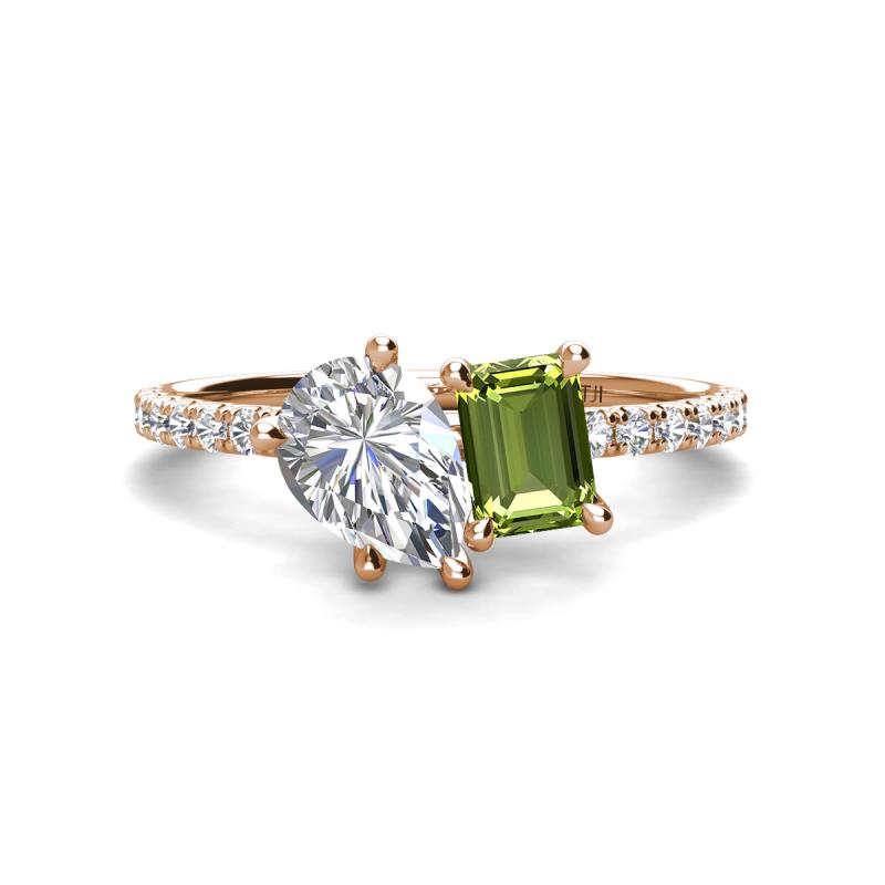 Zahara IGI Certified 9x6 mm Pear Lab Grown Diamond and 7x5 mm Emerald Cut Peridot 2 Stone Duo Ring 