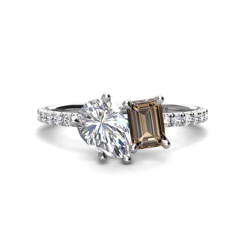 Zahara IGI Certified 9x6 mm Pear Lab Grown Diamond and 7x5 mm Emerald Cut Smoky Quartz 2 Stone Duo Ring 