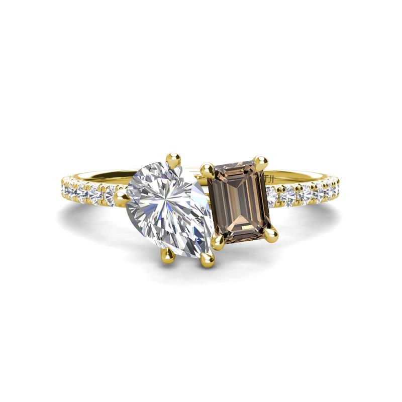 Zahara IGI Certified 9x6 mm Pear Lab Grown Diamond and 7x5 mm Emerald Cut Smoky Quartz 2 Stone Duo Ring 