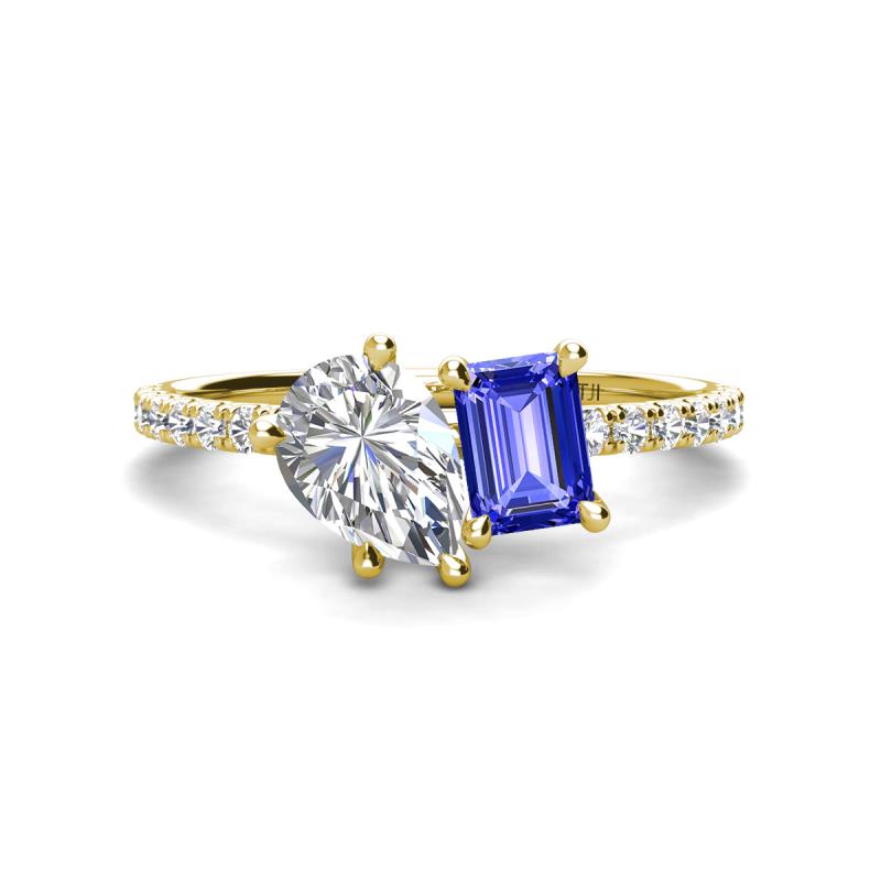 Zahara IGI Certified 9x6 mm Pear Lab Grown Diamond and 7x5 mm Emerald Cut Tanzanite 2 Stone Duo Ring 