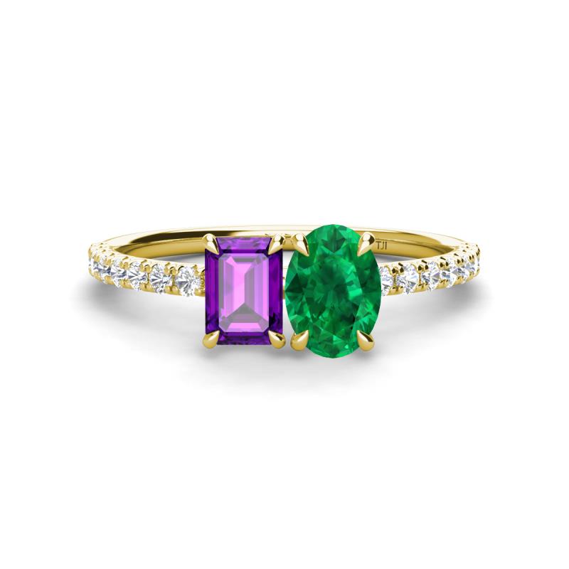 Galina 7x5 mm Emerald Cut Amethyst and 8x6 mm Oval Emerald 2 Stone Duo Ring 