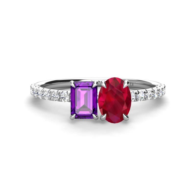 Galina 7x5 mm Emerald Cut Amethyst and 8x6 mm Oval Ruby 2 Stone Duo Ring 
