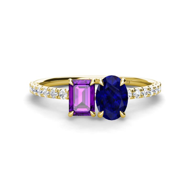 Galina 7x5 mm Emerald Cut Amethyst and 8x6 mm Oval Blue Sapphire 2 Stone Duo Ring 