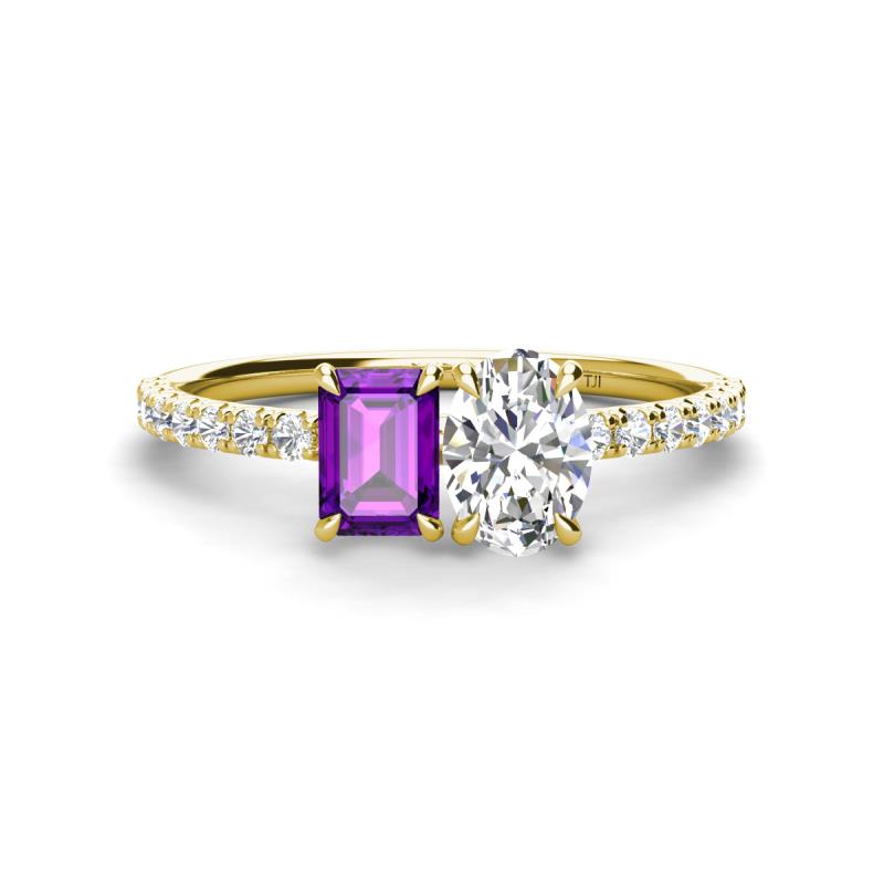 Galina 7x5 mm Emerald Cut Amethyst and 8x6 mm Oval Forever Brilliant Moissanite 2 Stone Duo Ring 