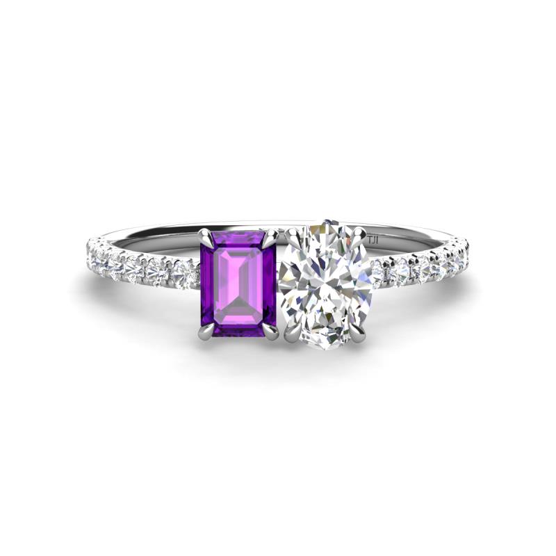 Galina 7x5 mm Emerald Cut Amethyst and 8x6 mm Oval Forever One Moissanite 2 Stone Duo Ring 
