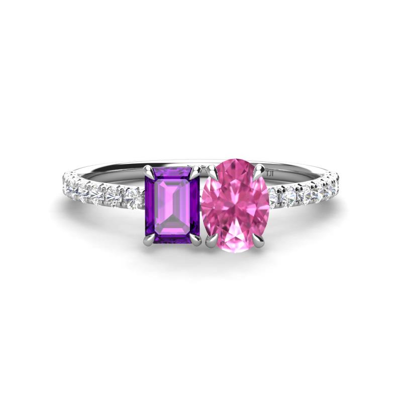 Galina 7x5 mm Emerald Cut Amethyst and 8x6 mm Oval Pink Sapphire 2 Stone Duo Ring 