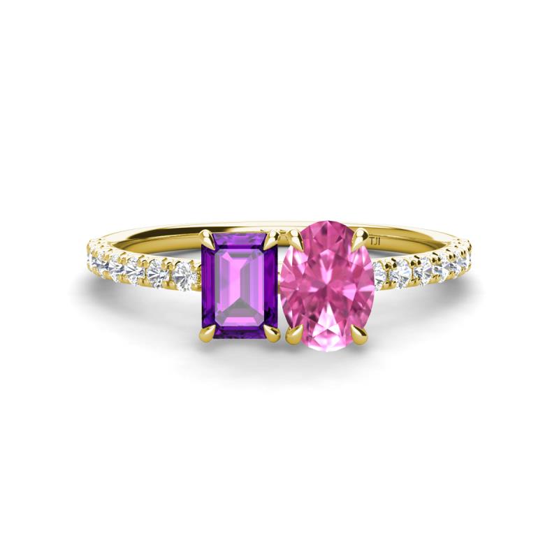 Galina 7x5 mm Emerald Cut Amethyst and 8x6 mm Oval Pink Sapphire 2 Stone Duo Ring 
