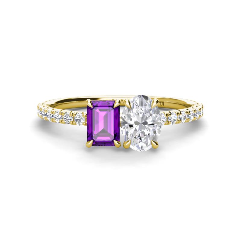 Galina 7x5 mm Emerald Cut Amethyst and 8x6 mm Oval White Sapphire 2 Stone Duo Ring 