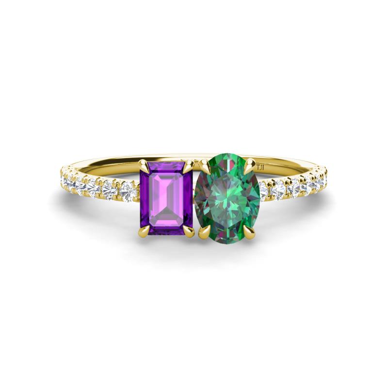 Galina 7x5 mm Emerald Cut Amethyst and 8x6 mm Oval Lab Created Alexandrite 2 Stone Duo Ring 