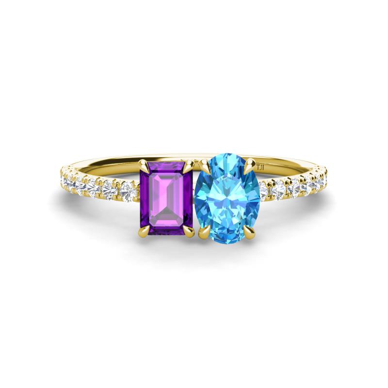 Galina 7x5 mm Emerald Cut Amethyst and 8x6 mm Oval Blue Topaz 2 Stone Duo Ring 