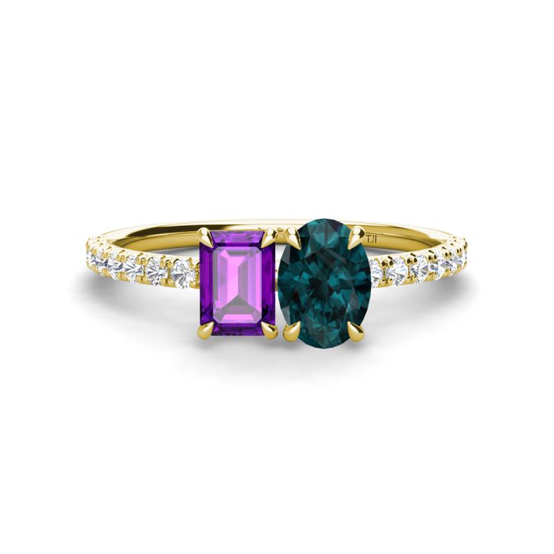 Galina 7x5 mm Emerald Cut Amethyst and 8x6 mm Oval London Blue Topaz 2 Stone Duo Ring 