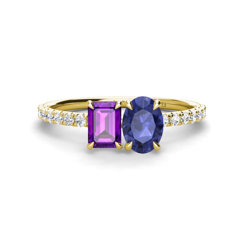 Galina 7x5 mm Emerald Cut Amethyst and 8x6 mm Oval Iolite 2 Stone Duo Ring 