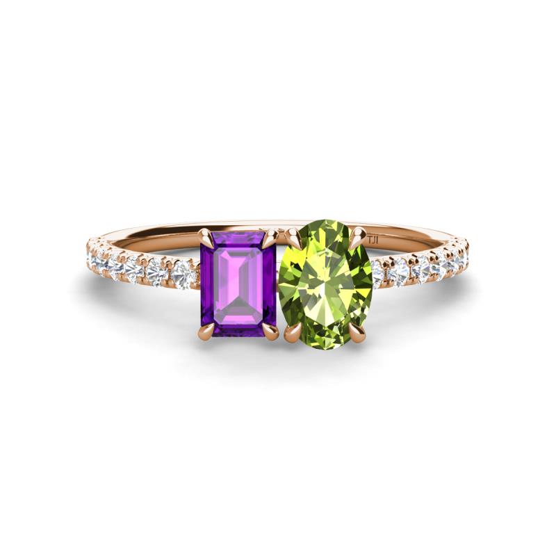 Galina 7x5 mm Emerald Cut Amethyst and 8x6 mm Oval Peridot 2 Stone Duo Ring 