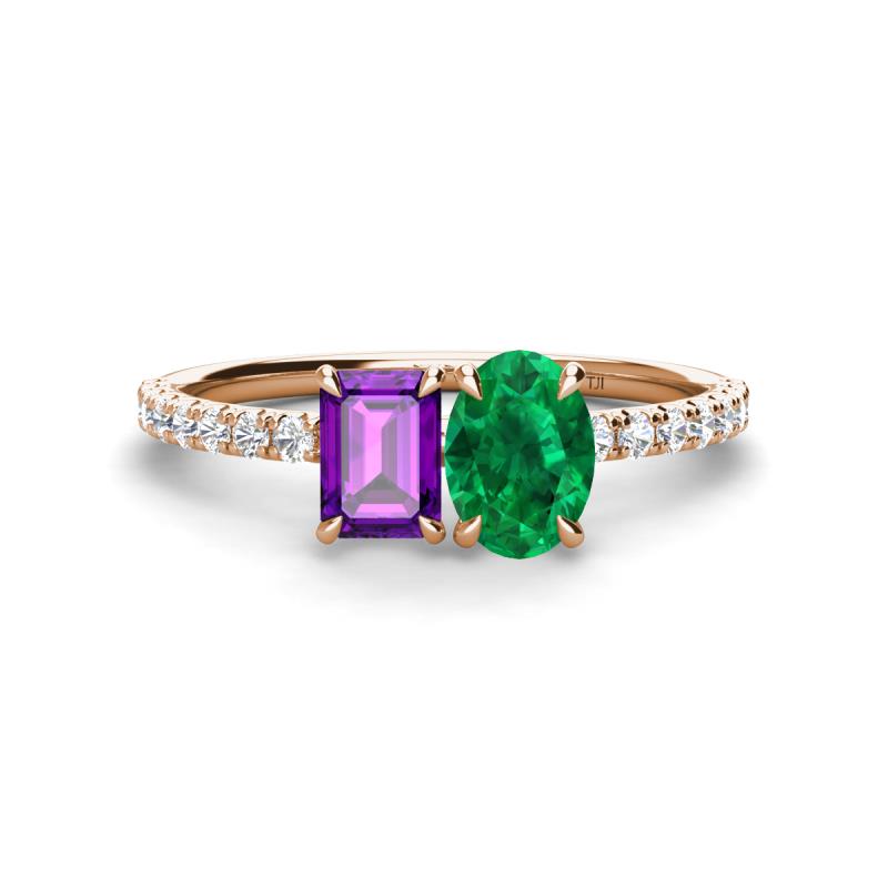 Galina 7x5 mm Emerald Cut Amethyst and 8x6 mm Oval Emerald 2 Stone Duo Ring 