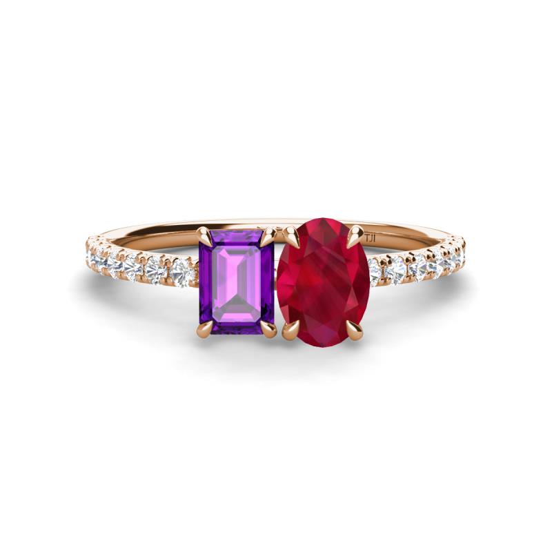 Galina 7x5 mm Emerald Cut Amethyst and 8x6 mm Oval Ruby 2 Stone Duo Ring 