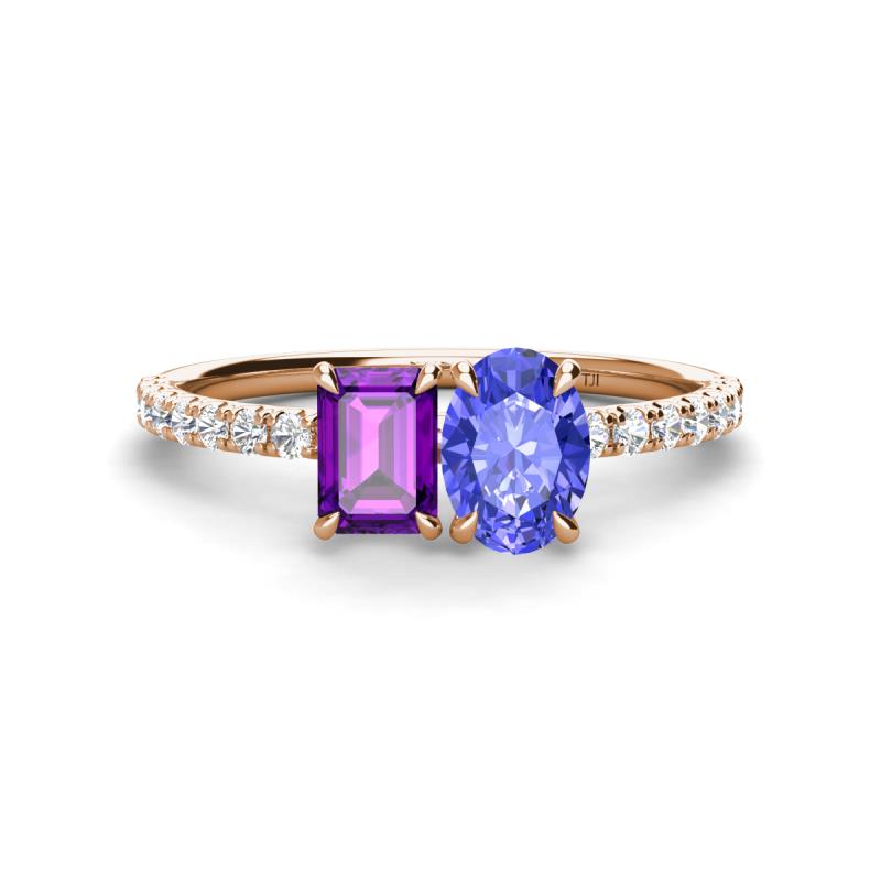 Galina 7x5 mm Emerald Cut Amethyst and 8x6 mm Oval Tanzanite 2 Stone Duo Ring 