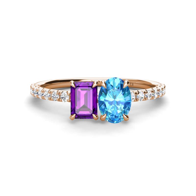 Galina 7x5 mm Emerald Cut Amethyst and 8x6 mm Oval Blue Topaz 2 Stone Duo Ring 