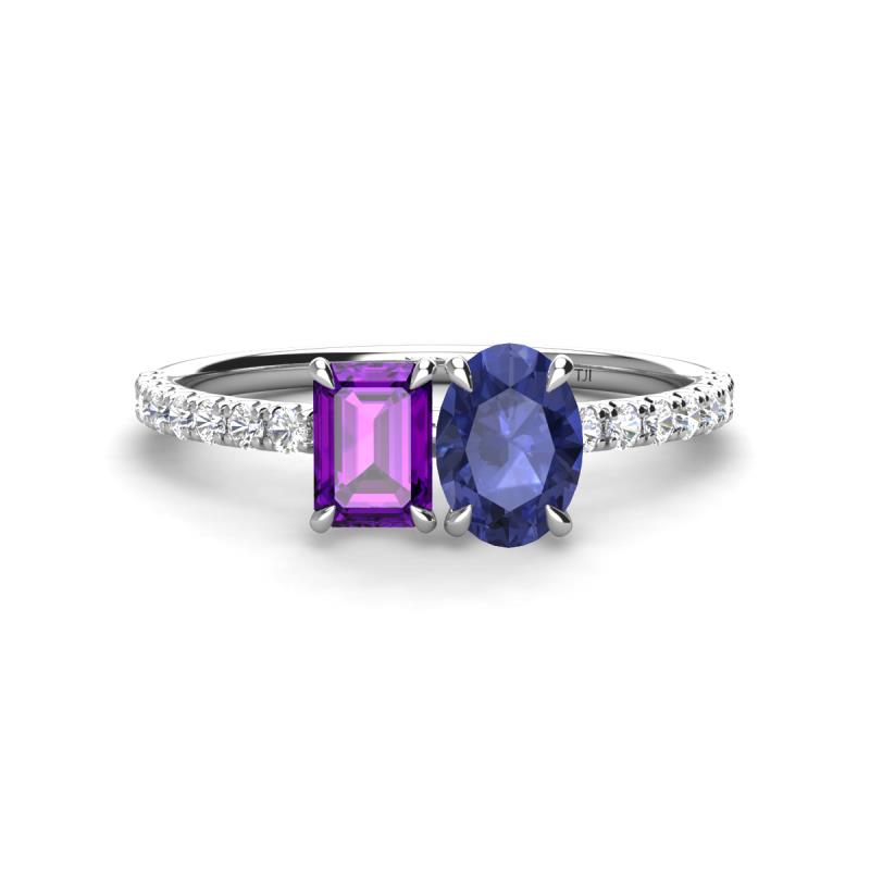 Galina 7x5 mm Emerald Cut Amethyst and 8x6 mm Oval Iolite 2 Stone Duo Ring 