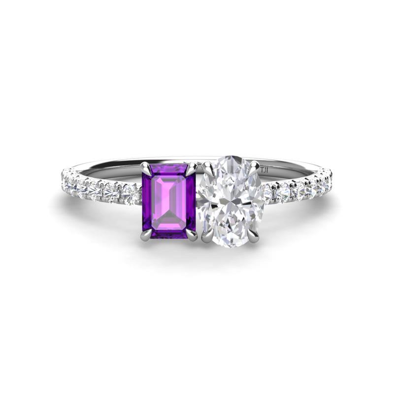 Galina 7x5 mm Emerald Cut Amethyst and 8x6 mm Oval White Sapphire 2 Stone Duo Ring 