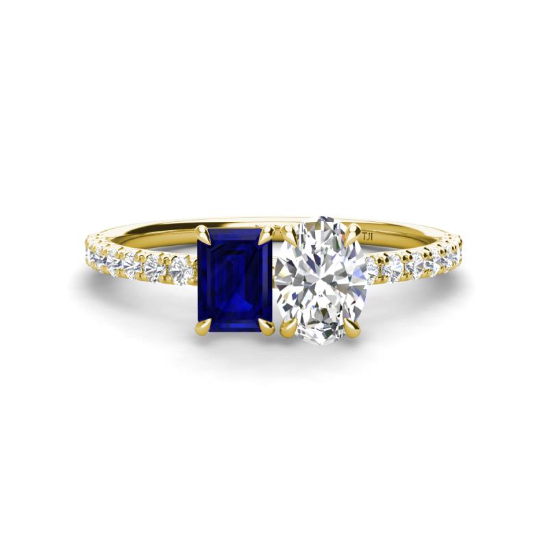 Galina 7x5 mm Emerald Cut Blue Sapphire and 8x6 mm Oval Forever One Moissanite 2 Stone Duo Ring 