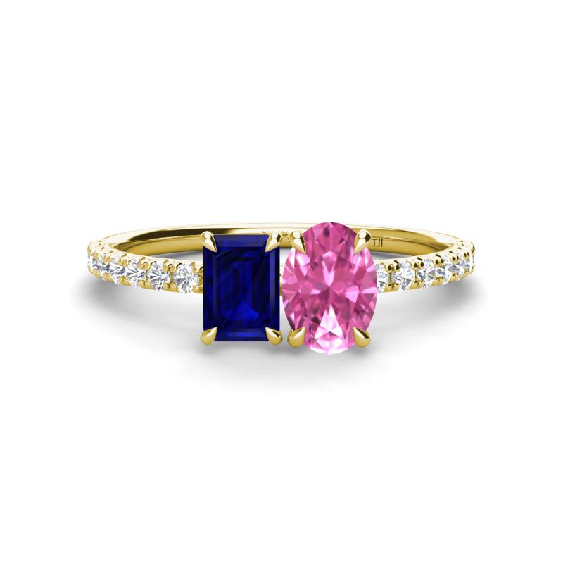 Galina 7x5 mm Emerald Cut Blue Sapphire and 8x6 mm Oval Pink Sapphire 2 Stone Duo Ring 