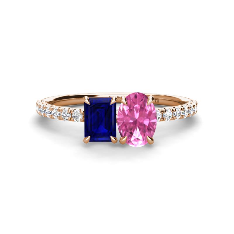 Galina 7x5 mm Emerald Cut Blue Sapphire and 8x6 mm Oval Pink Sapphire 2 Stone Duo Ring 