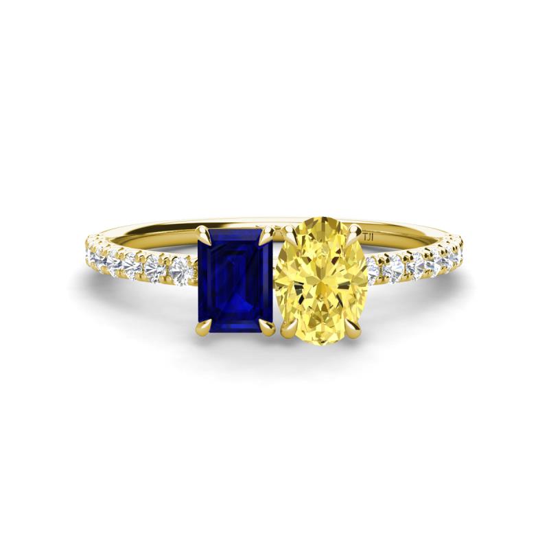 Galina 7x5 mm Emerald Cut Blue Sapphire and 8x6 mm Oval Yellow Sapphire 2 Stone Duo Ring 