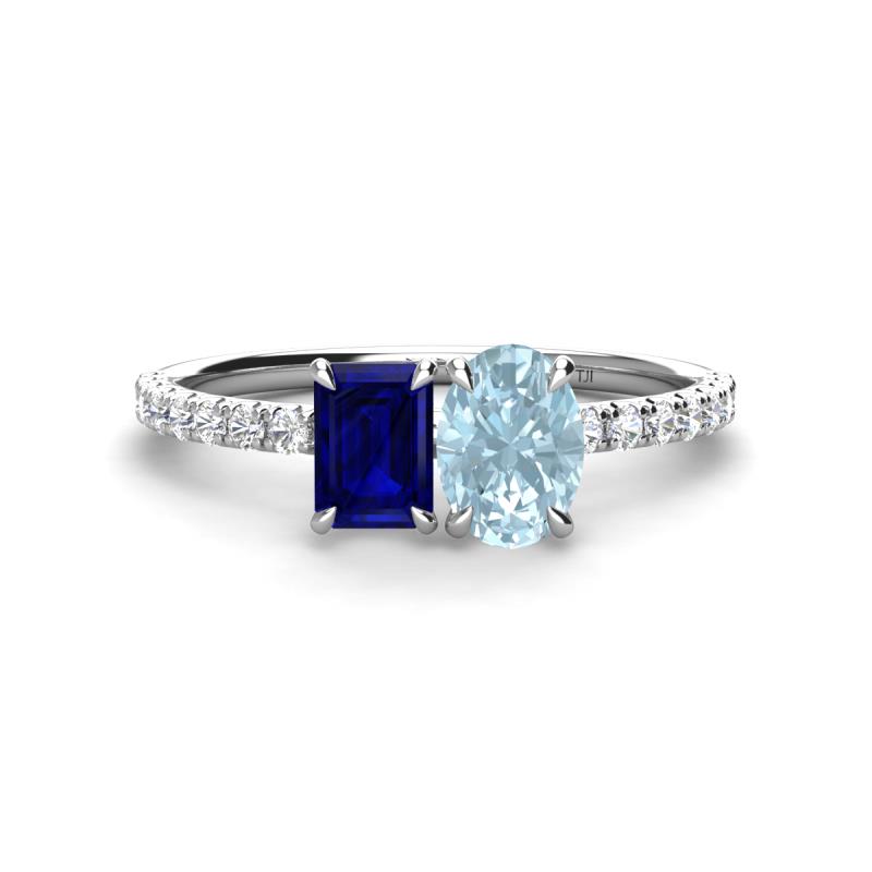 Galina 7x5 mm Emerald Cut Blue Sapphire and 8x6 mm Oval Aquamarine 2 Stone Duo Ring 
