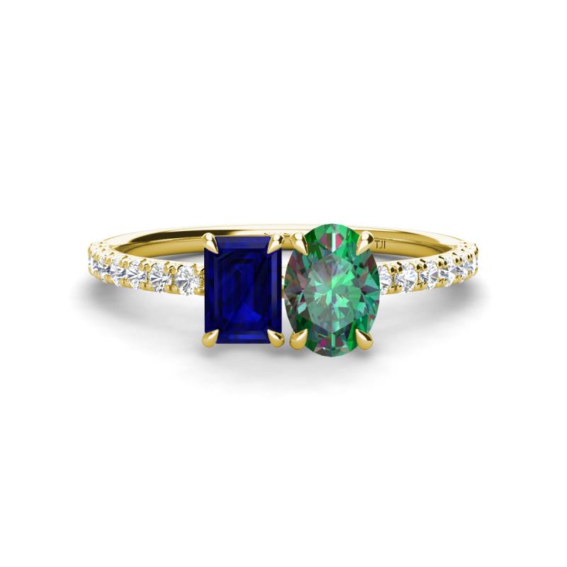 Galina 7x5 mm Emerald Cut Blue Sapphire and 8x6 mm Oval Lab Created Alexandrite 2 Stone Duo Ring 