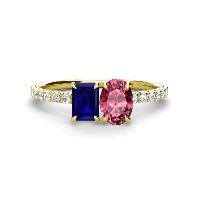 Galina 7x5 mm Emerald Cut Blue Sapphire and 8x6 mm Oval Pink Tourmaline 2 Stone Duo Ring 