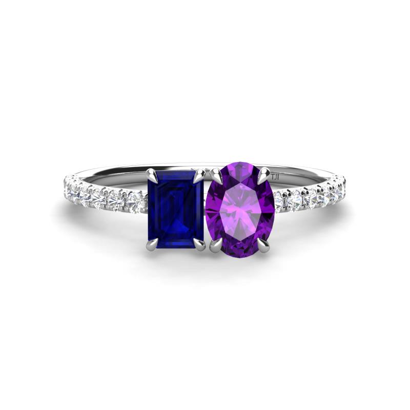 Galina 7x5 mm Emerald Cut Blue Sapphire and 8x6 mm Oval Amethyst 2 Stone Duo Ring 