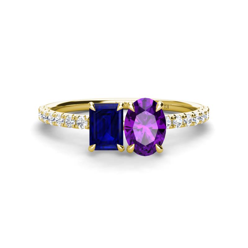 Galina 7x5 mm Emerald Cut Blue Sapphire and 8x6 mm Oval Amethyst 2 Stone Duo Ring 
