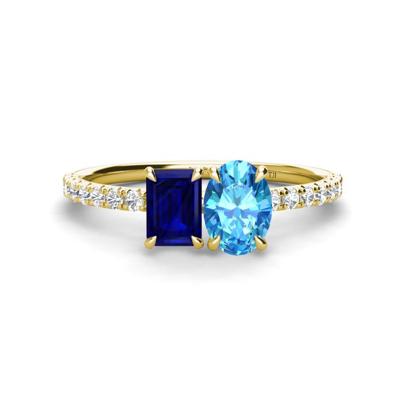 Galina 7x5 mm Emerald Cut Blue Sapphire and 8x6 mm Oval Blue Topaz 2 Stone Duo Ring 