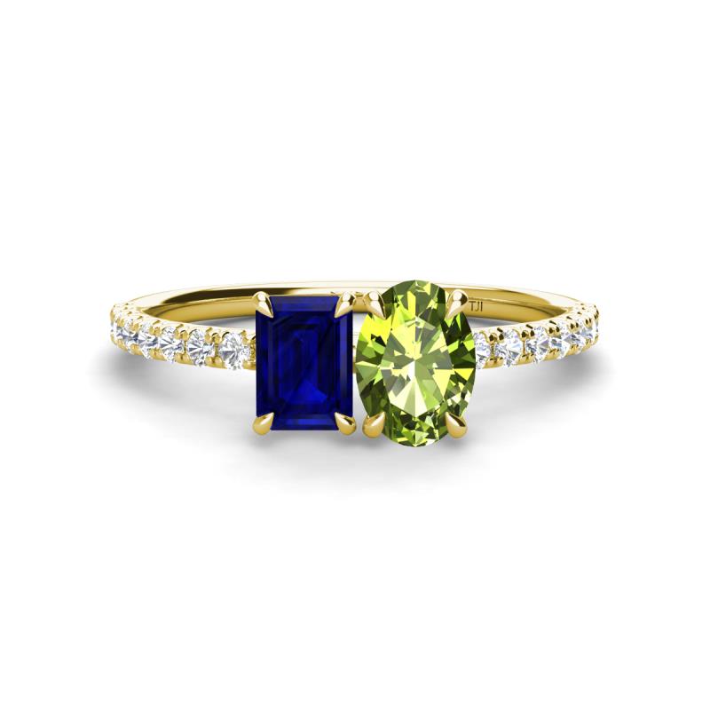 Galina 7x5 mm Emerald Cut Blue Sapphire and 8x6 mm Oval Peridot 2 Stone Duo Ring 