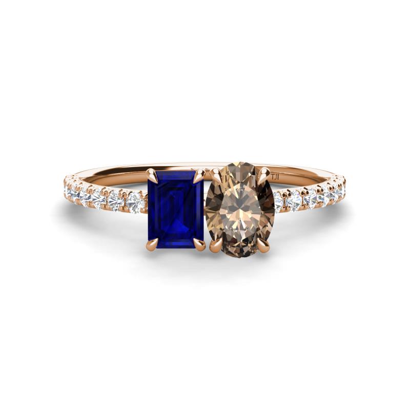 Galina 7x5 mm Emerald Cut Blue Sapphire and 8x6 mm Oval Smoky Quartz 2 Stone Duo Ring 