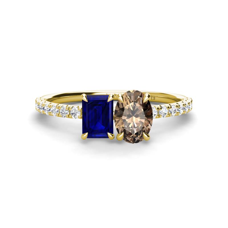 Galina 7x5 mm Emerald Cut Blue Sapphire and 8x6 mm Oval Smoky Quartz 2 Stone Duo Ring 