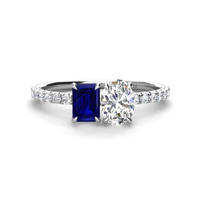 Galina 7x5 mm Emerald Cut Blue Sapphire and 8x6 mm Oval Forever Brilliant Moissanite 2 Stone Duo Ring 