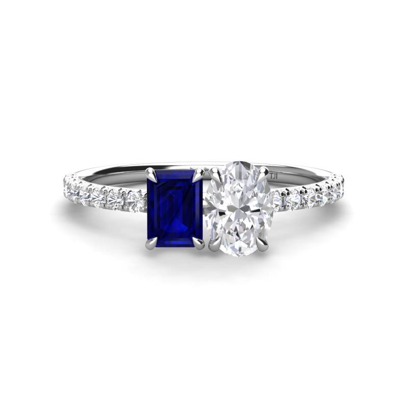 Galina 7x5 mm Emerald Cut Blue Sapphire and 8x6 mm Oval White Sapphire 2 Stone Duo Ring 
